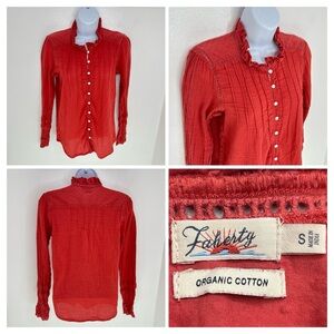 Faherty‎ Willa Top Small Long Sleeve Organic Cotton Carmine Red Cottagecore